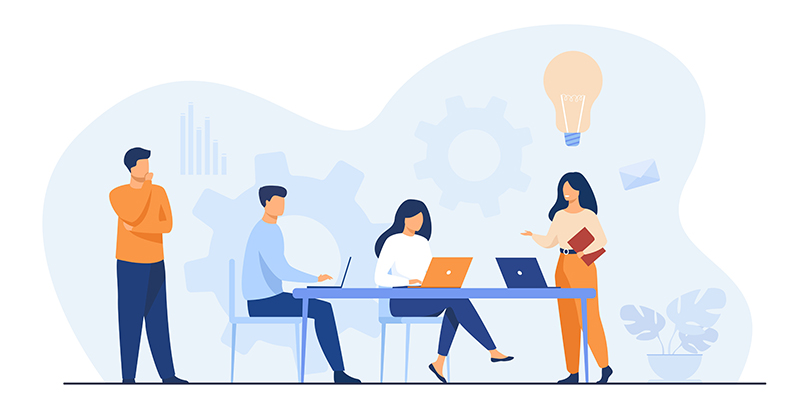 A team of co-worker is brainstorming about something.